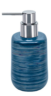 Blauer zylindrischer Seifenspender aus Keramik mit silbernem Pumpkopf