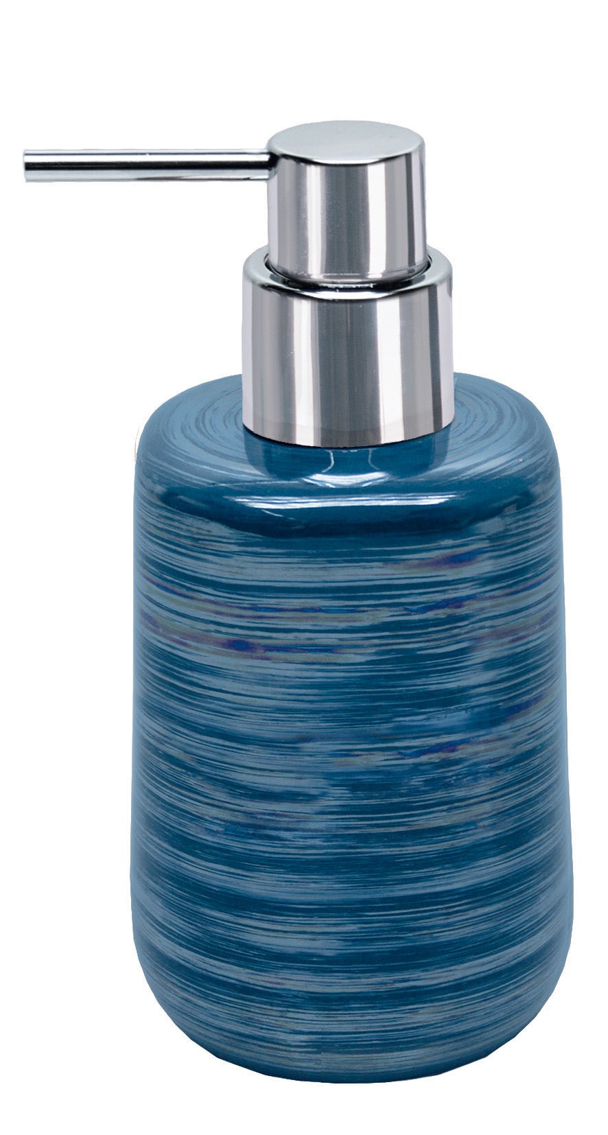 Blauer zylindrischer Seifenspender aus Keramik mit silbernem Pumpkopf
