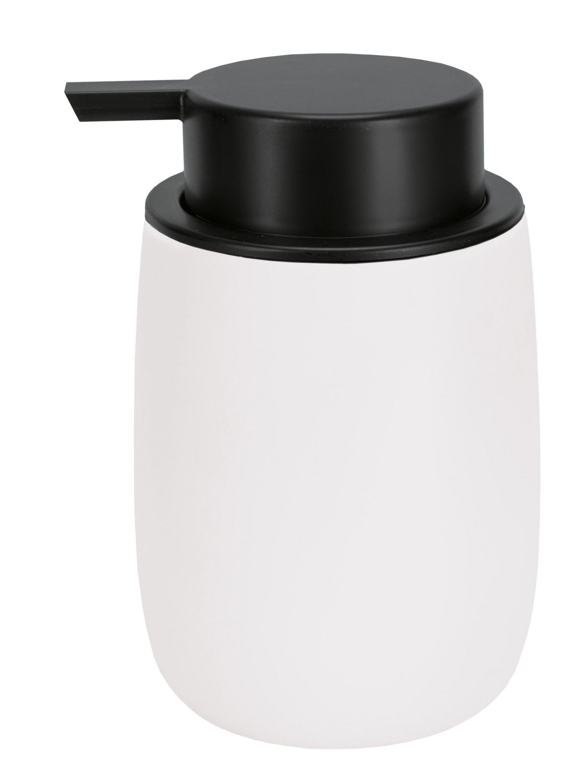 Seifenspender aus weißer Keramik mit schwarzem Pumpkopf im Modern-Design
