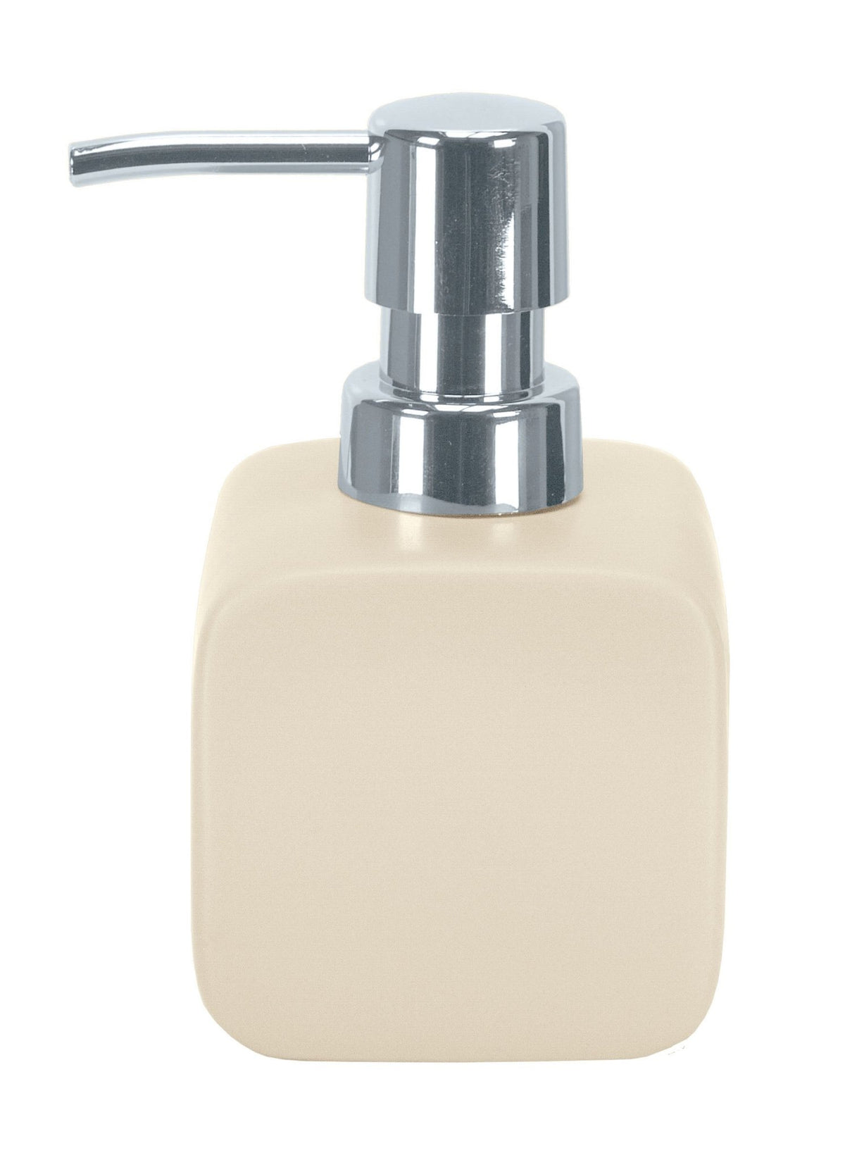 Quadratischer Seifenspender aus beige Keramik mit silbernem Pumpkopf