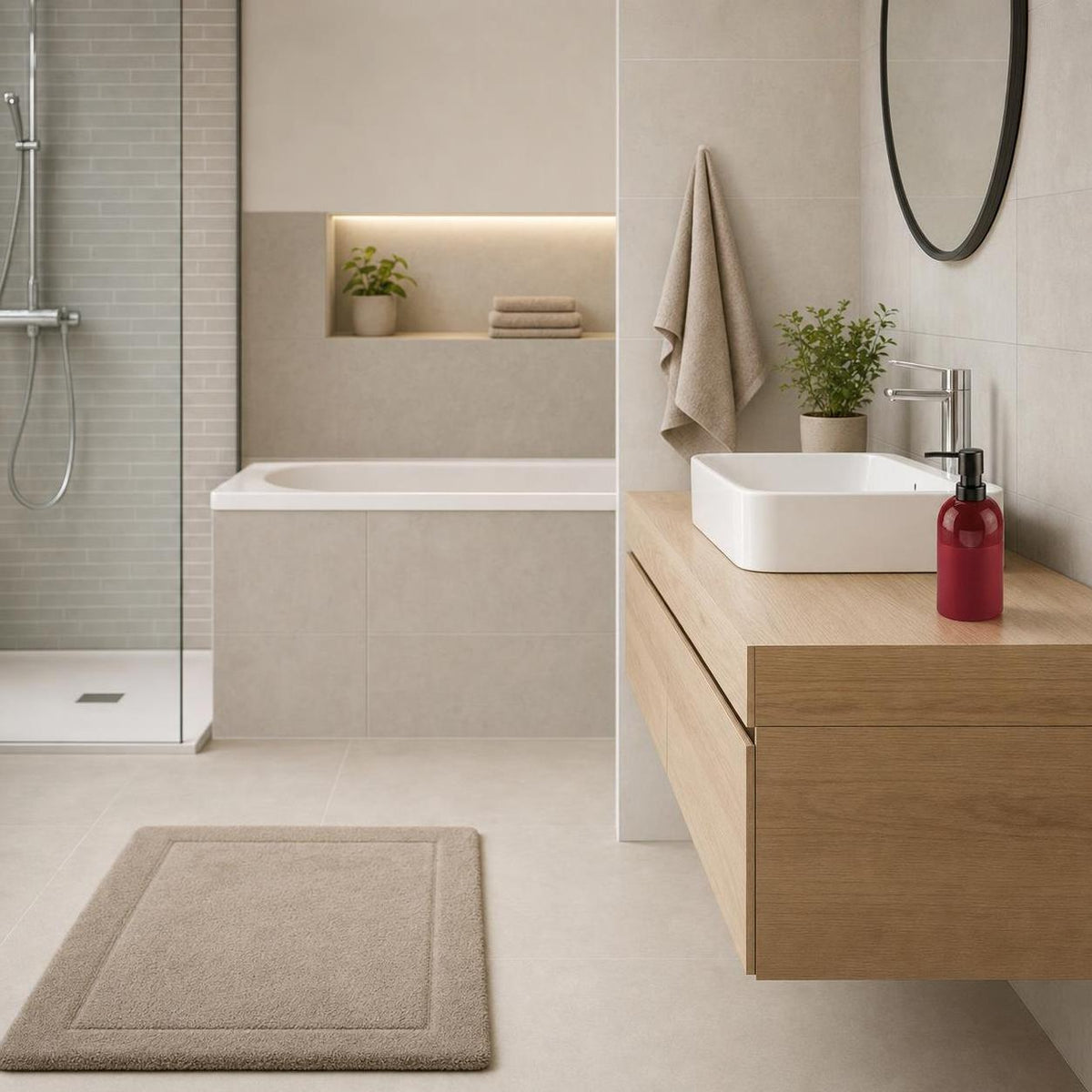 Beiger Badteppich liegt vor Dusche und Badewanne im modernen Bad.