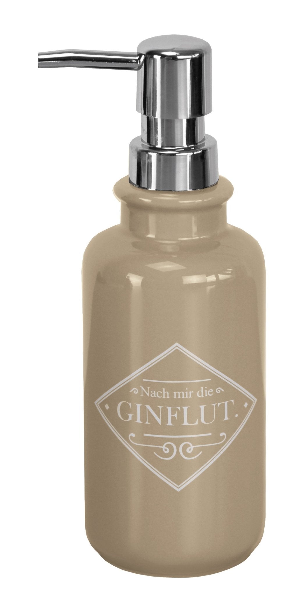 Beiger Seifenspender aus Keramik mit silbernem Pumpkopf und Aufdruck