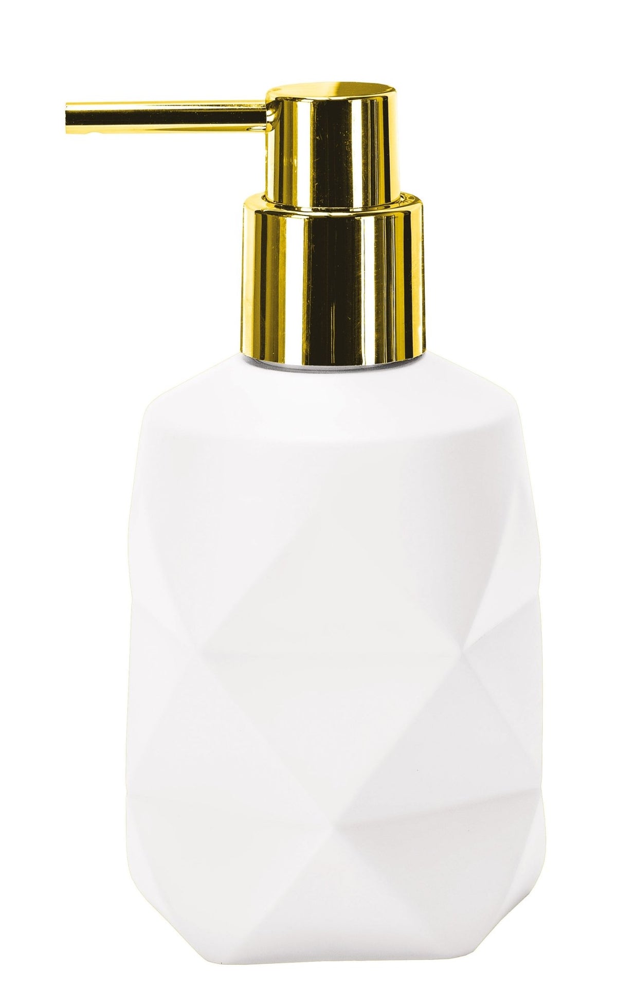 Weißer Seifenspender mit goldfarbenem Pumpkopf und Facetten-Design