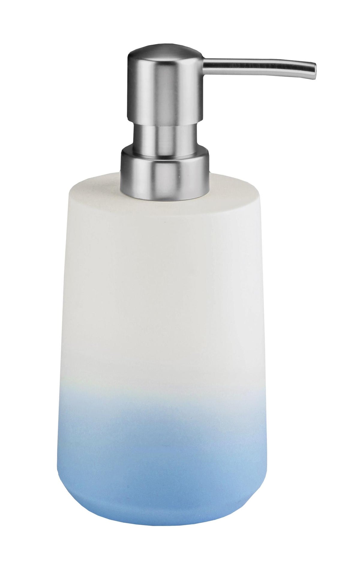 Seifenspender mit Weiß-Blauem Farbverlauf und Chromfarbenen Pumpkopf.