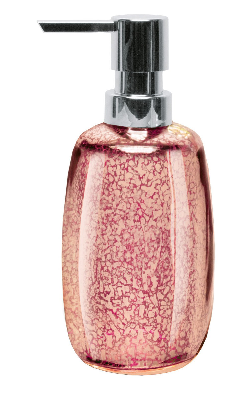 Roségoldener Glas-Seifenspender mit silbernem Pumpkopf, stehend frontal