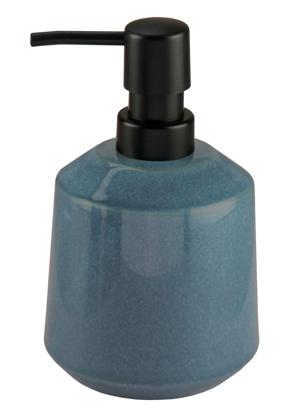 Blauer Seifenspender aus Keramik mit schwarzem Pumpkopf, modernem Design