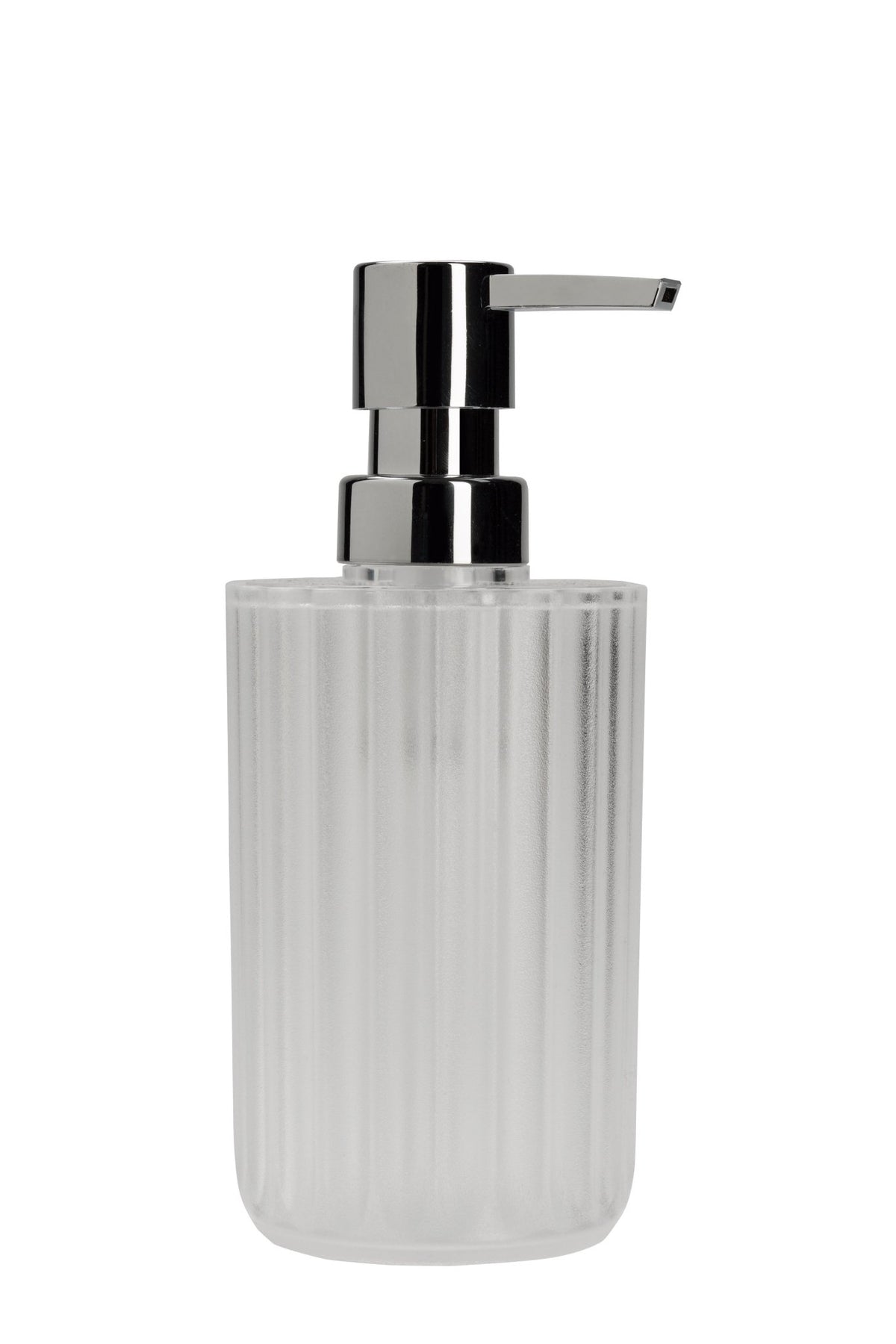 Seifenspender aus satiniertem Glas mit modernem verchromtem Pumpkopf
