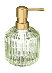 Geriffelter Glas-Seifenspender mit goldfarbener Pumpe vor weißem Hintergrund.