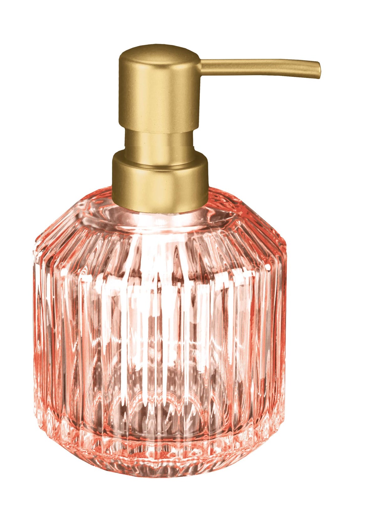 Rosa Seifenspender aus geriffeltem Glas mit goldfarbenem Pumpkopf.