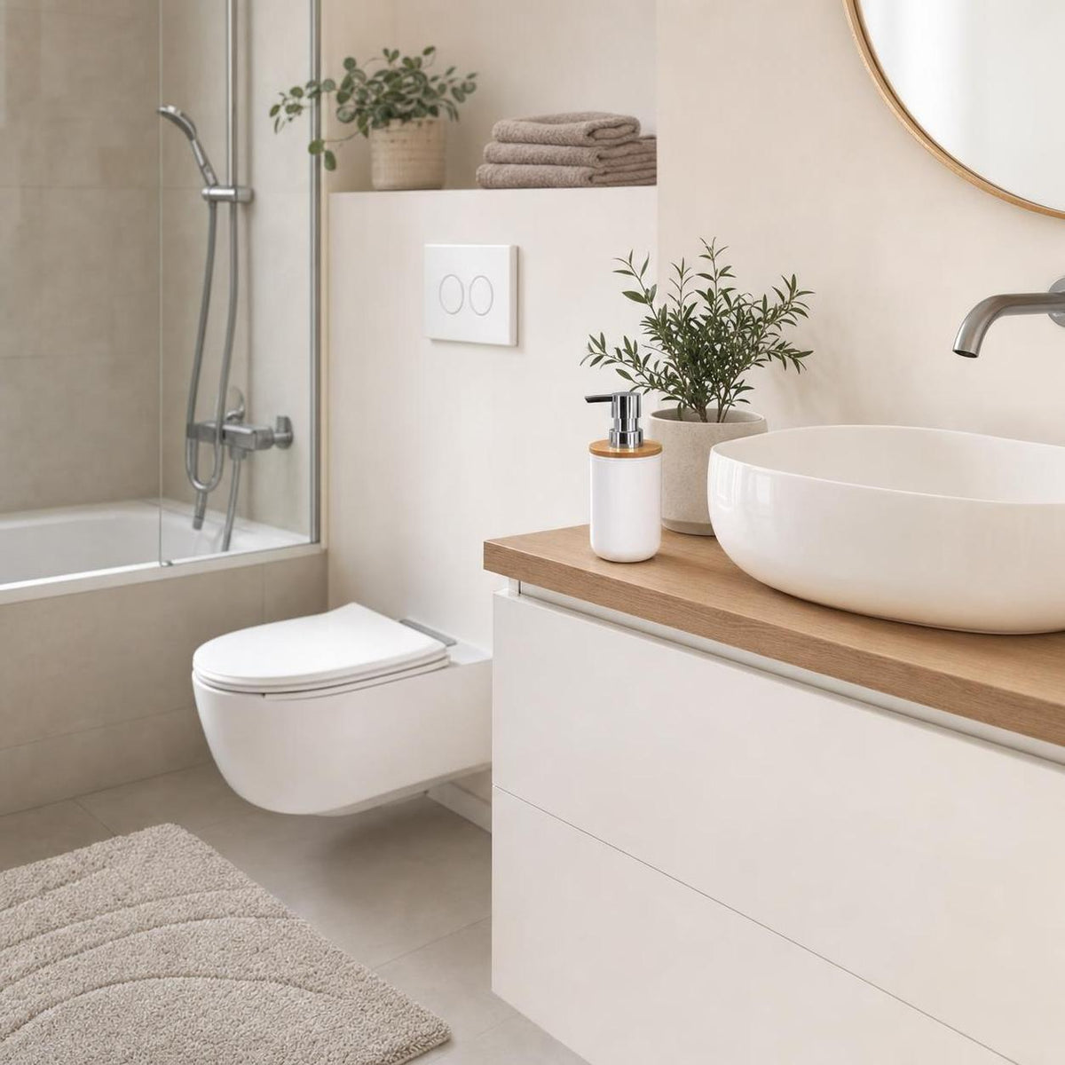 Beige Badematte liegt vor WC und Waschtisch im hellen Bad.