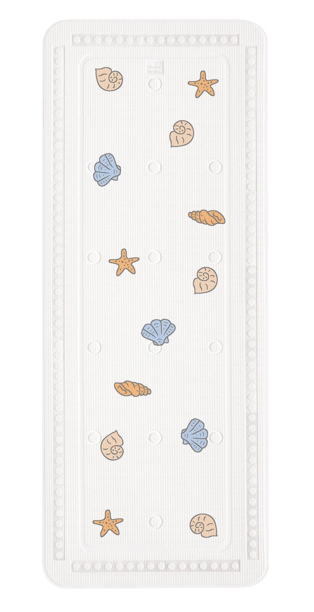 Weiße Badematte mit Muschel- und Seestern-Motiven in Pastellfarben