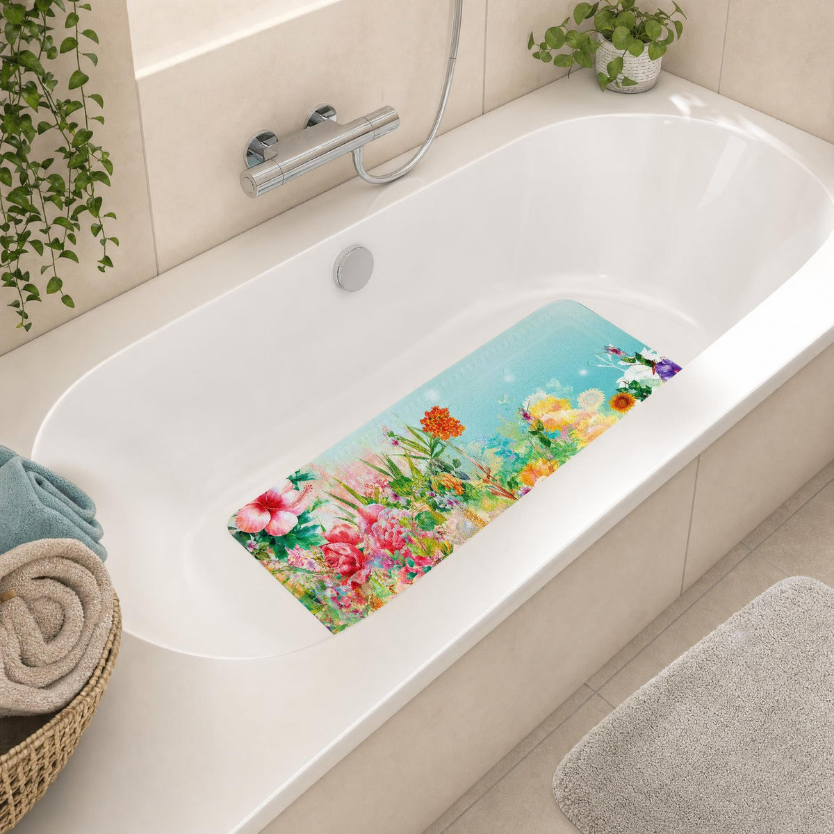 Weiße Badewanne mit floraler Antirutschmatte in hellem, modernem Bad.