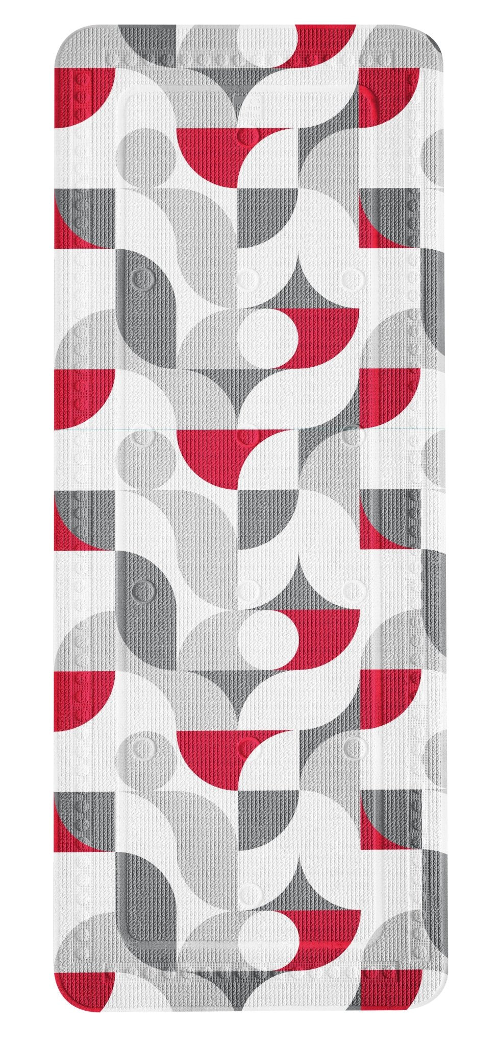 Rechteckige Badematte mit rot-grau-weißem geometrischem Muster Design