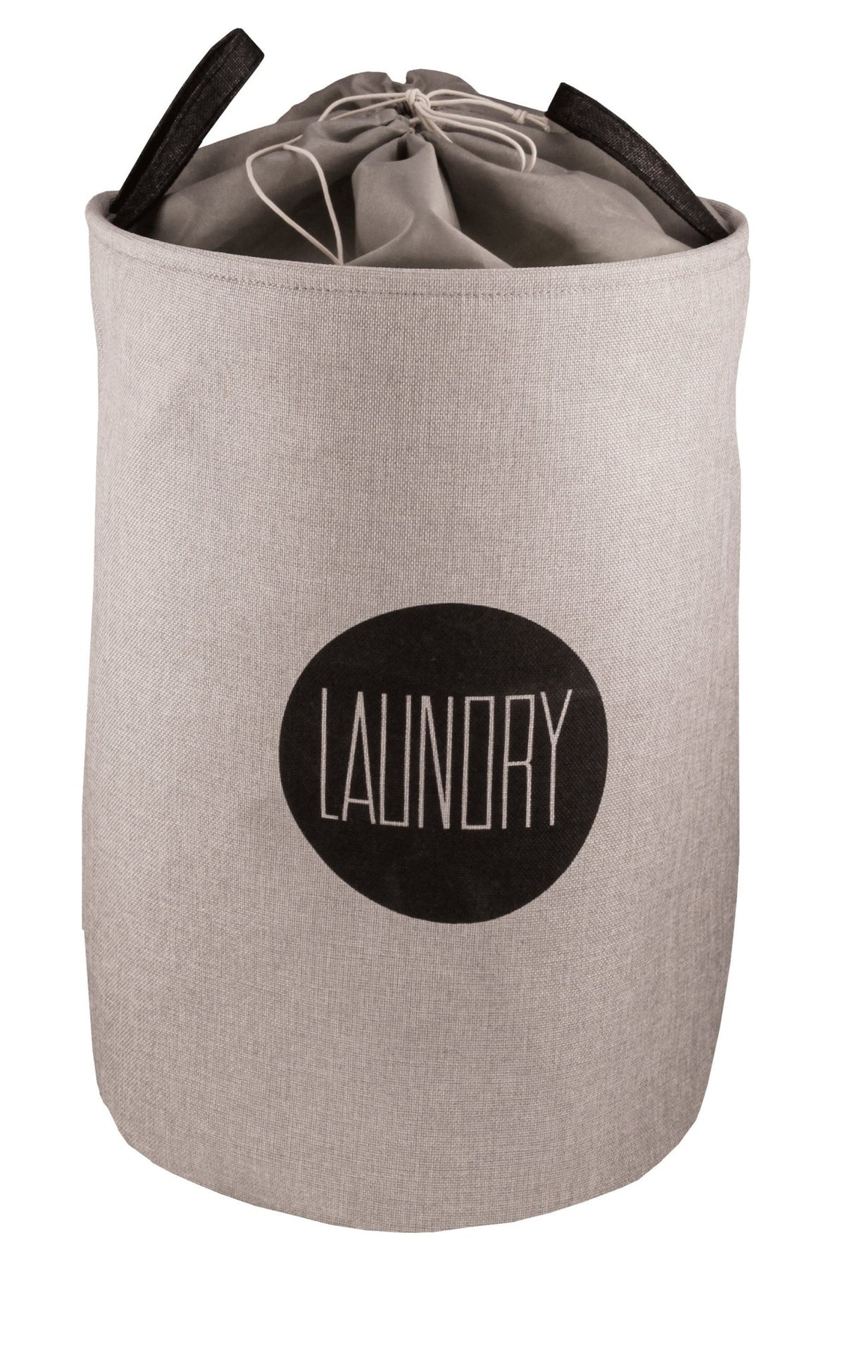 Grauer, runder Wäschekorb aus Stoff mit Kordelzug und Aufdruck LAUNDRY