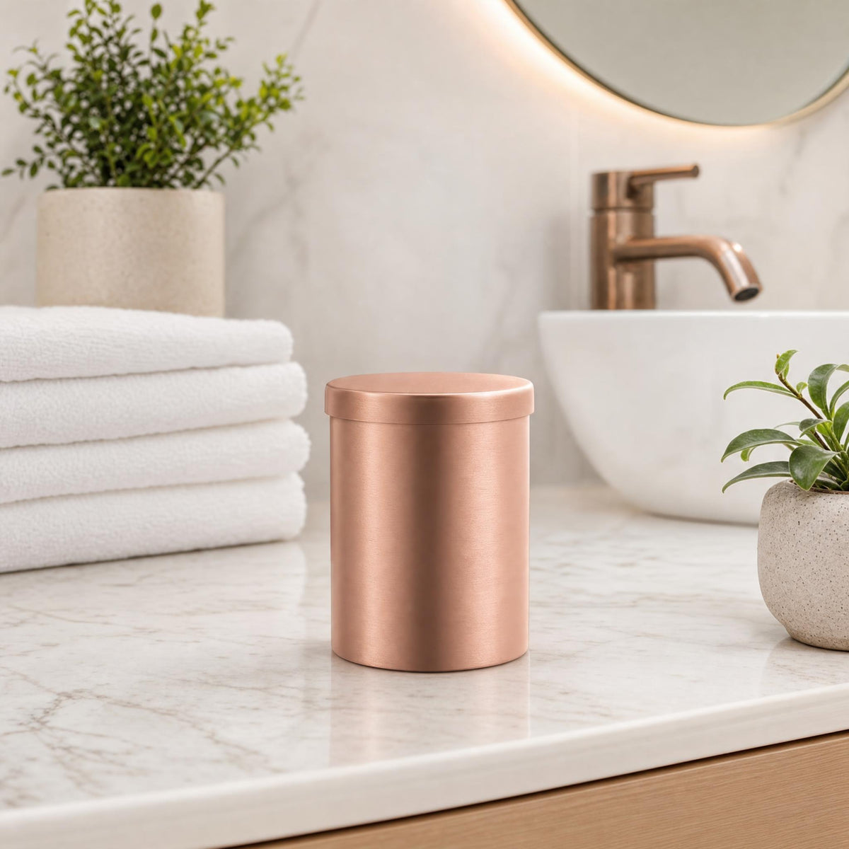 Roségoldfarbene Dose auf Marmorwaschtisch mit Handtüchern und Pflanzen.
