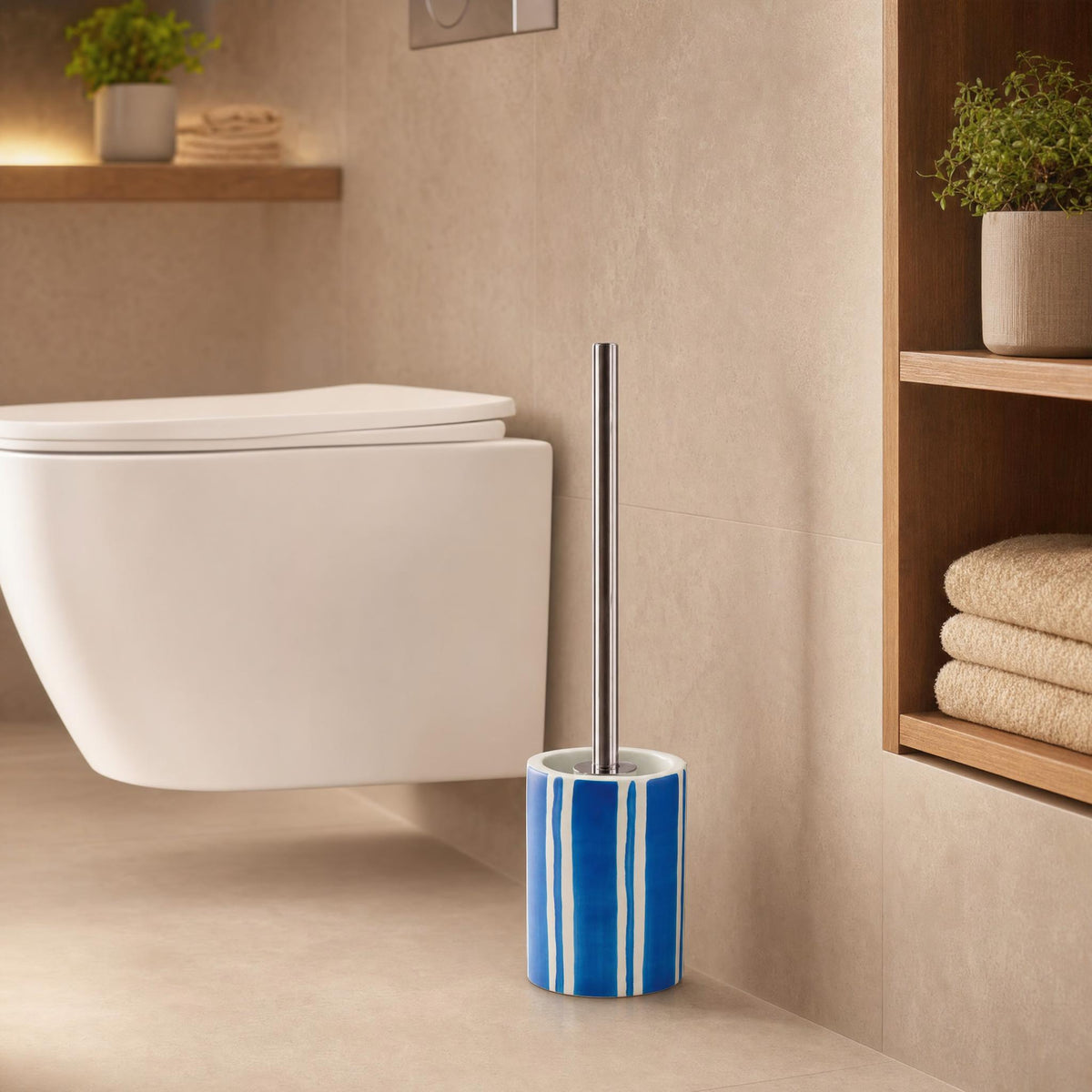 Blau-weiß gestreifte WC-Bürste neben modernem WC im warmen Bad.