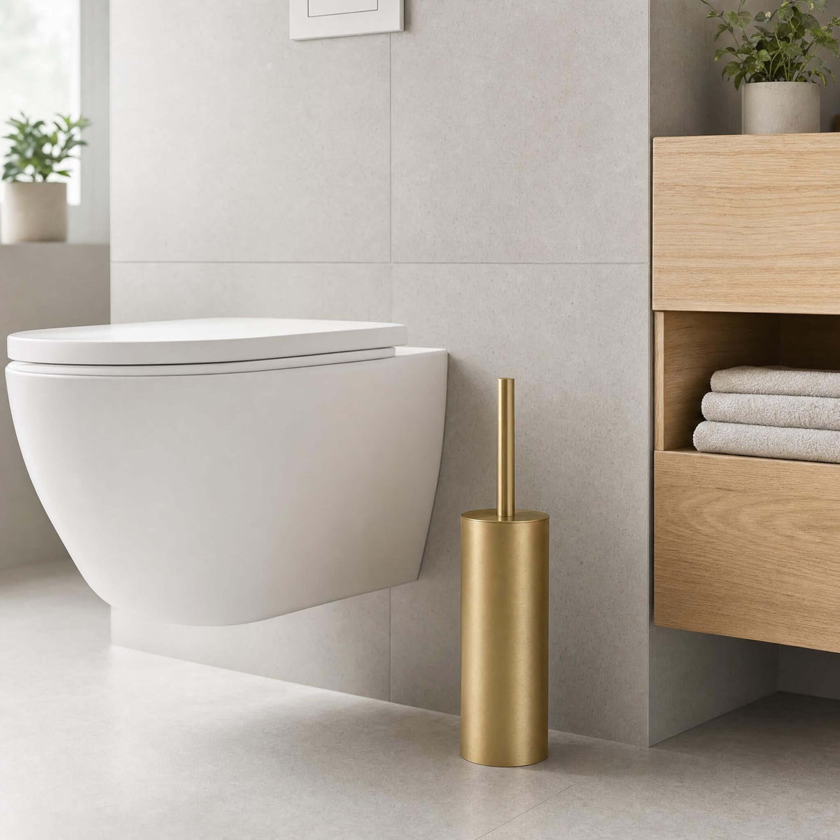 Modernes Bad mit Wand-WC, goldfarbener WC-Bürste und Holzregal.