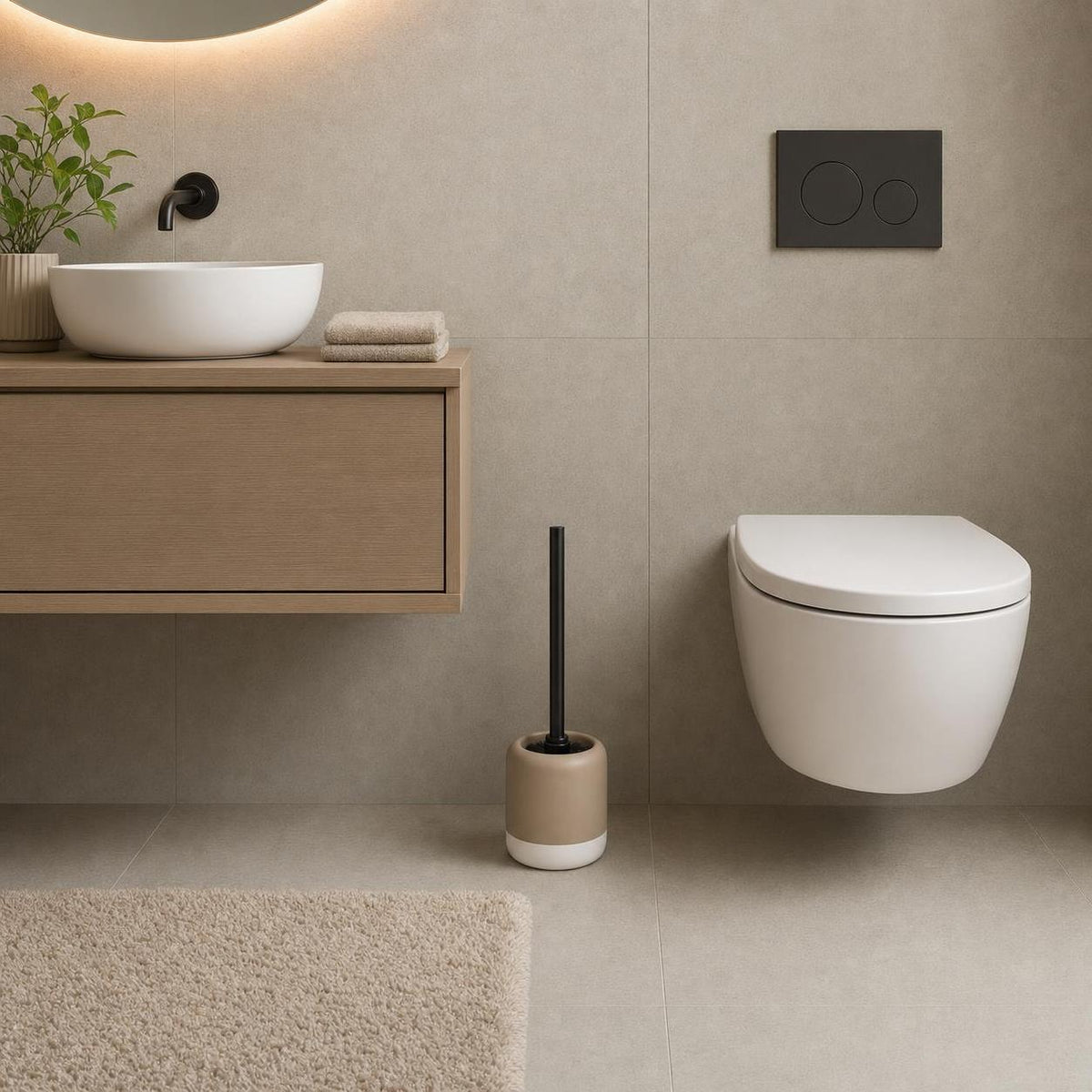 Ein beiger WC-Bürstenhalter mit schwarzer Bürste steht neben dem WC.