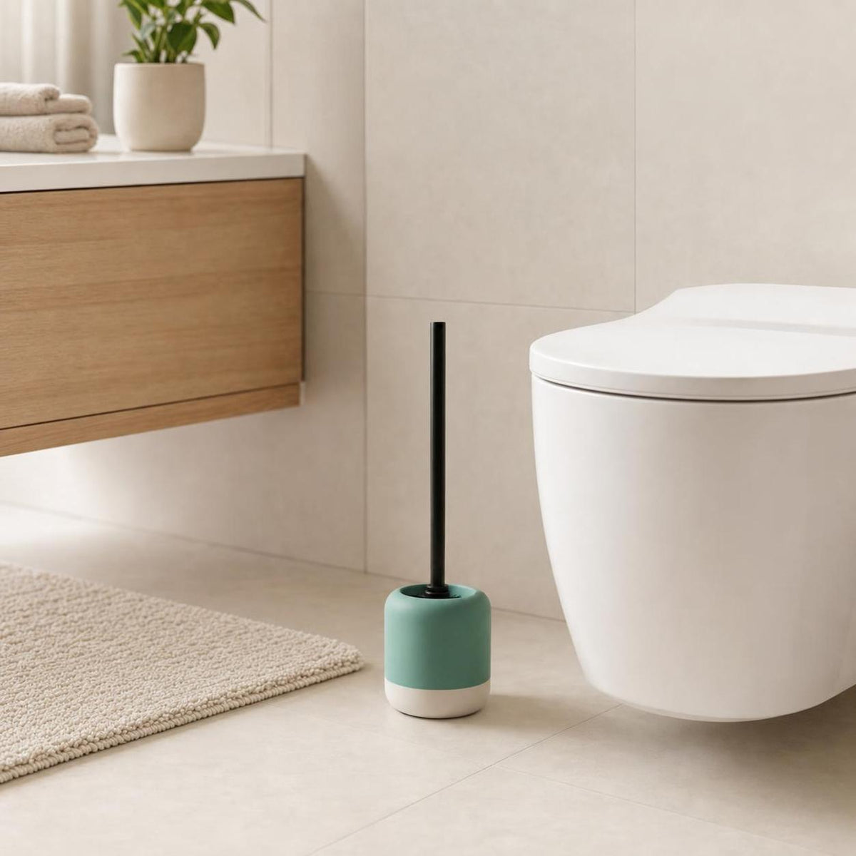 Eine WC-Bürste mit türkis-weißem Halter steht neben der Toilette.
