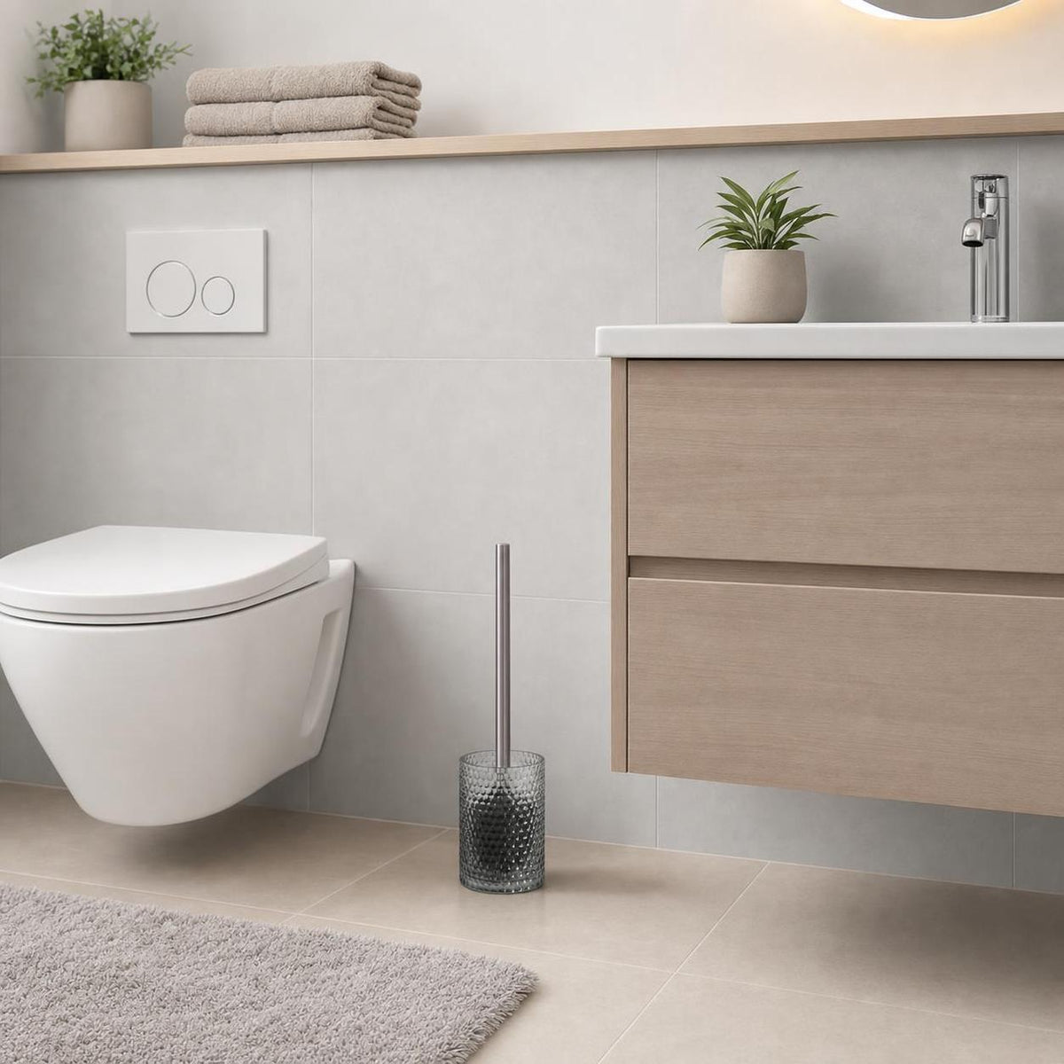 Ein grauer WC-Bürstenhalter steht neben Toilette und Waschtisch.