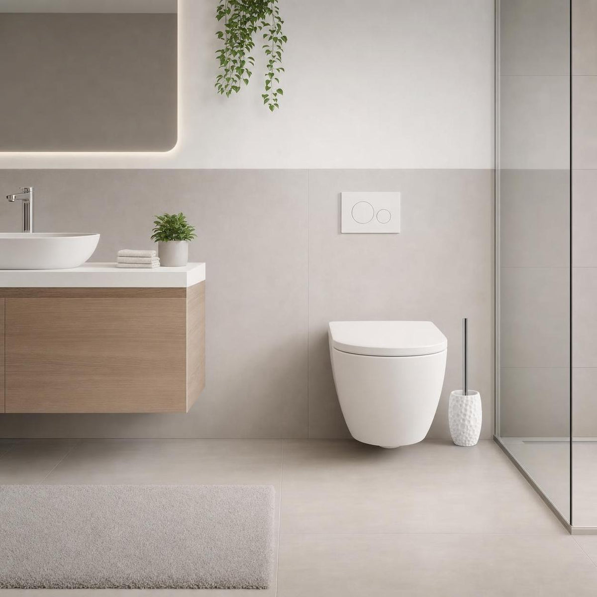 Ein wandhängendes WC mit weißer Betätigungsplatte im modernen Bad.