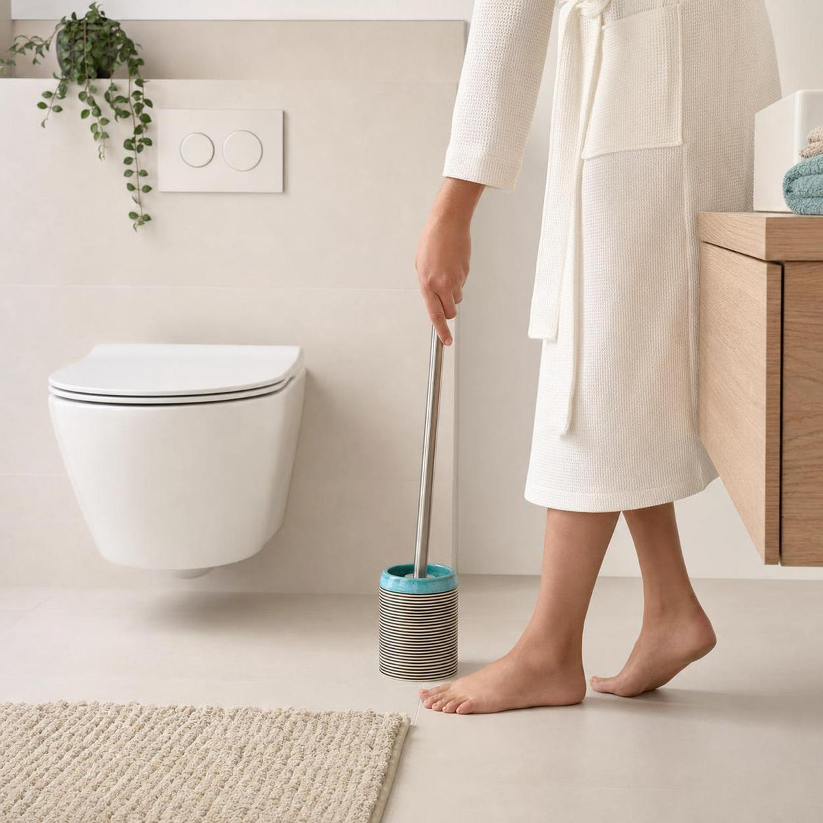 Eine Person hält eine WC-Bürste in einem hellen Badezimmer.