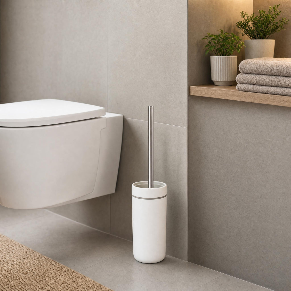 Weiße WC-Bürste neben Wand-WC in modernem Bad mit Regal und Handtüchern.