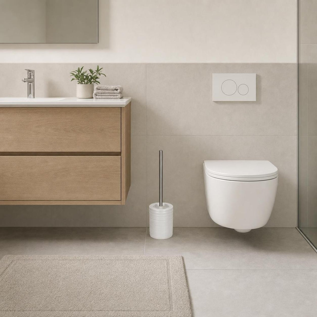 Weiße WC-Bürste steht neben wandhängender Toilette im modernen Bad.
