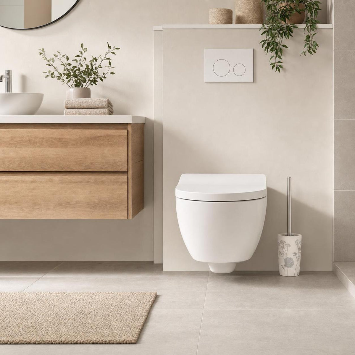 Eine weiße Wandtoilette steht in einem hellen Bad mit Holzwaschtisch.