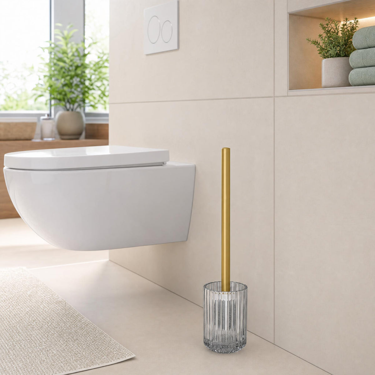 Moderne WC-Garnitur aus Glas und goldfarbenem Handgriff Wand-WC im hellen Bad.