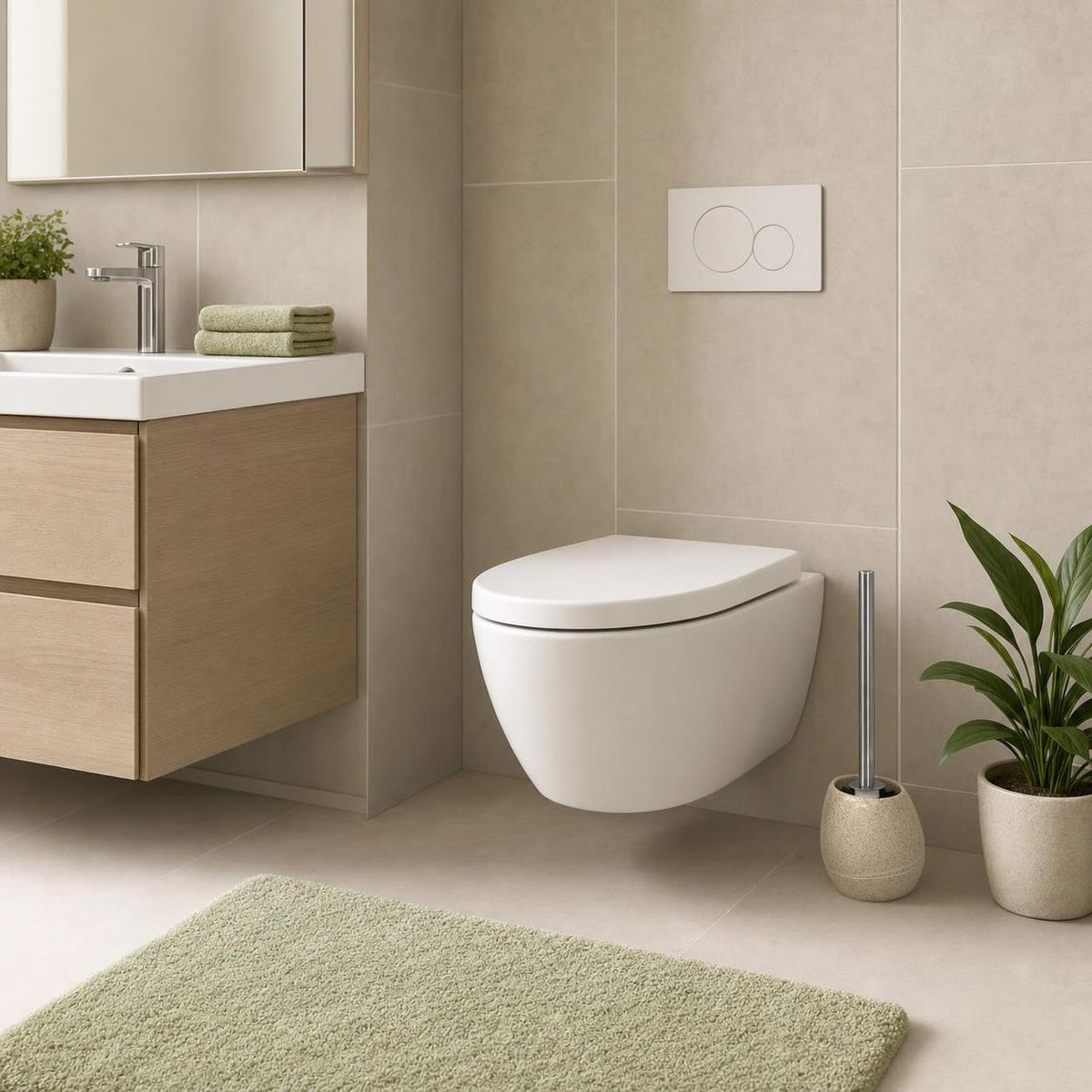 Ein wandhängendes WC mit weißer Drückerplatte im modernen Bad.