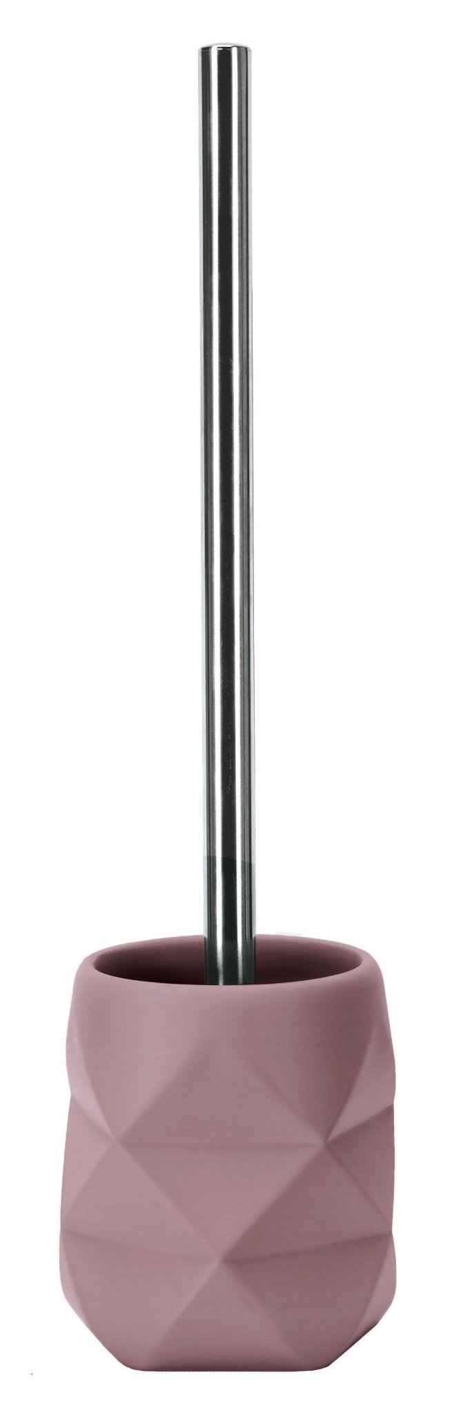 Toilettenbürste mit rosafarbenem, strukturiertem Halter und Metallstiel