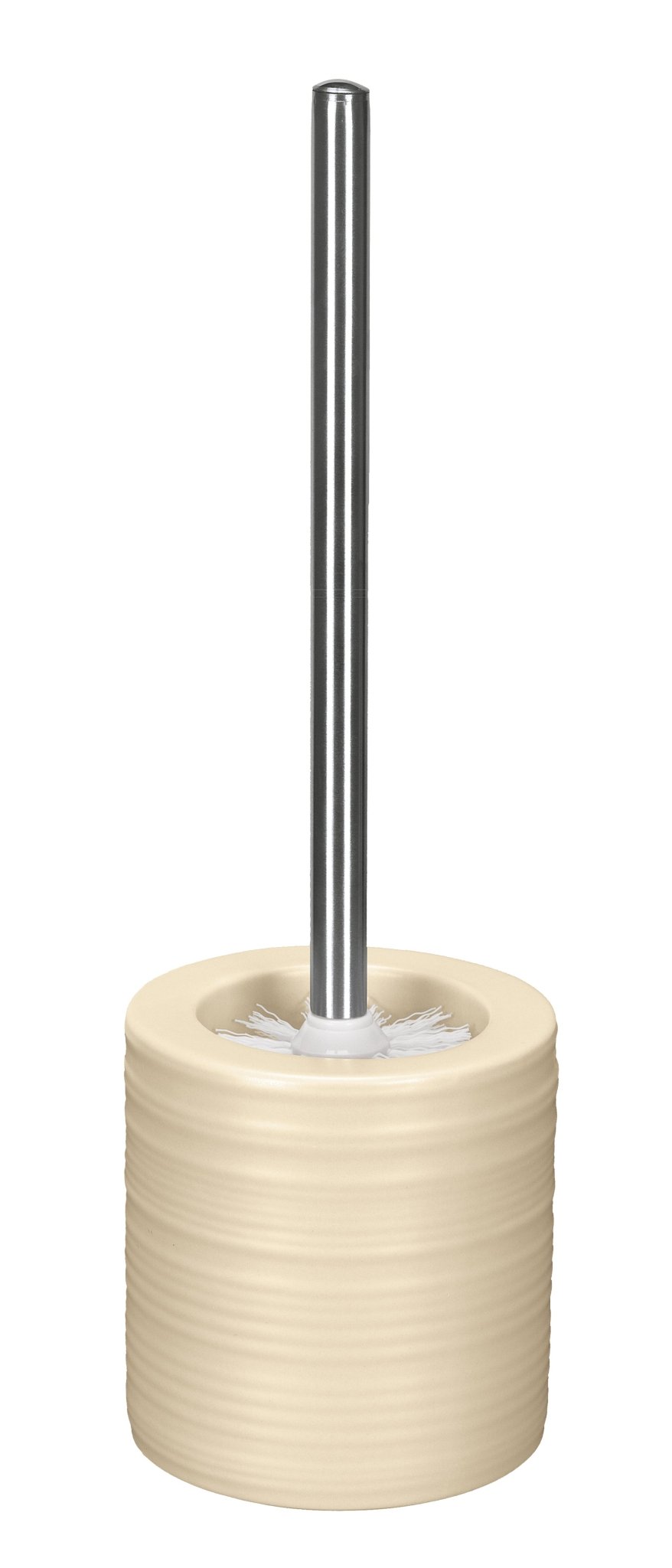 Beige WC-Bürste mit rundem Keramikhalter und langem silbernem Stiel