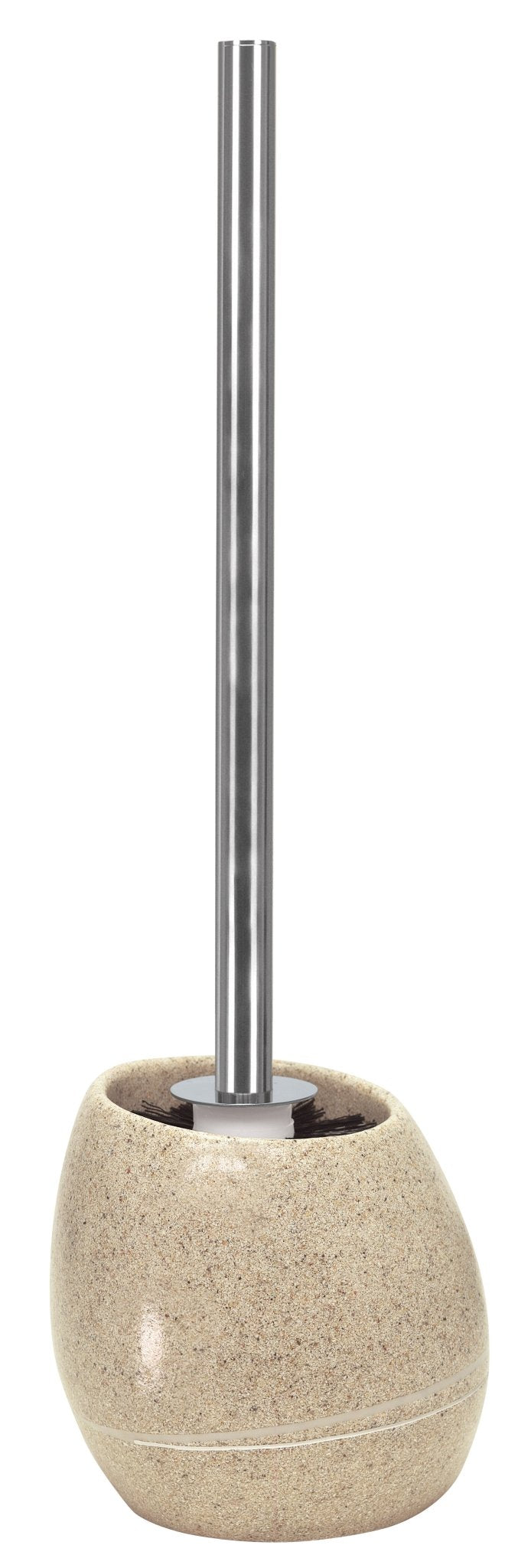 WC-Bürste mit Edelstahlgriff in beigem Stein-Optik-Rundhalter stehend