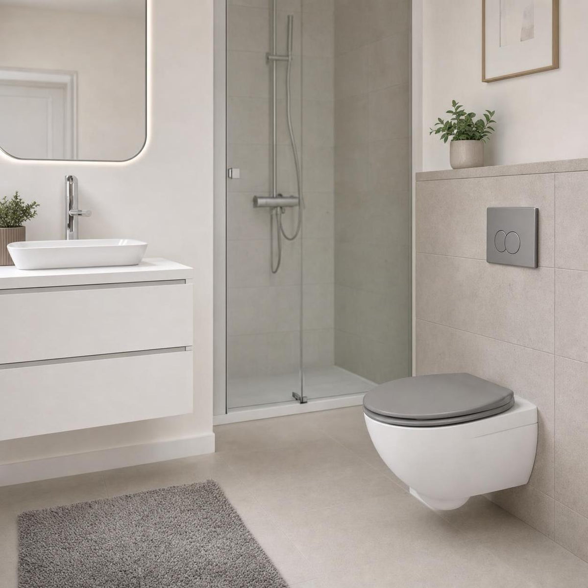 Grauer WC-Sitz auf wandhängender Toilette in modernem Badezimmer.