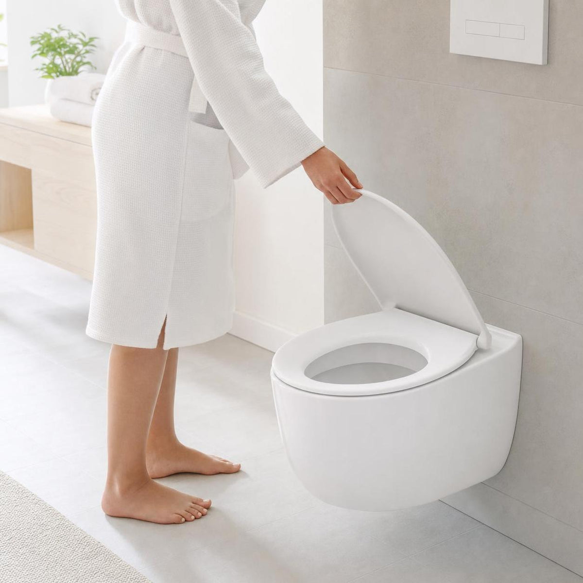 Eine Person öffnet den WC-Sitz eines wandhängenden WCs im hellen Bad.