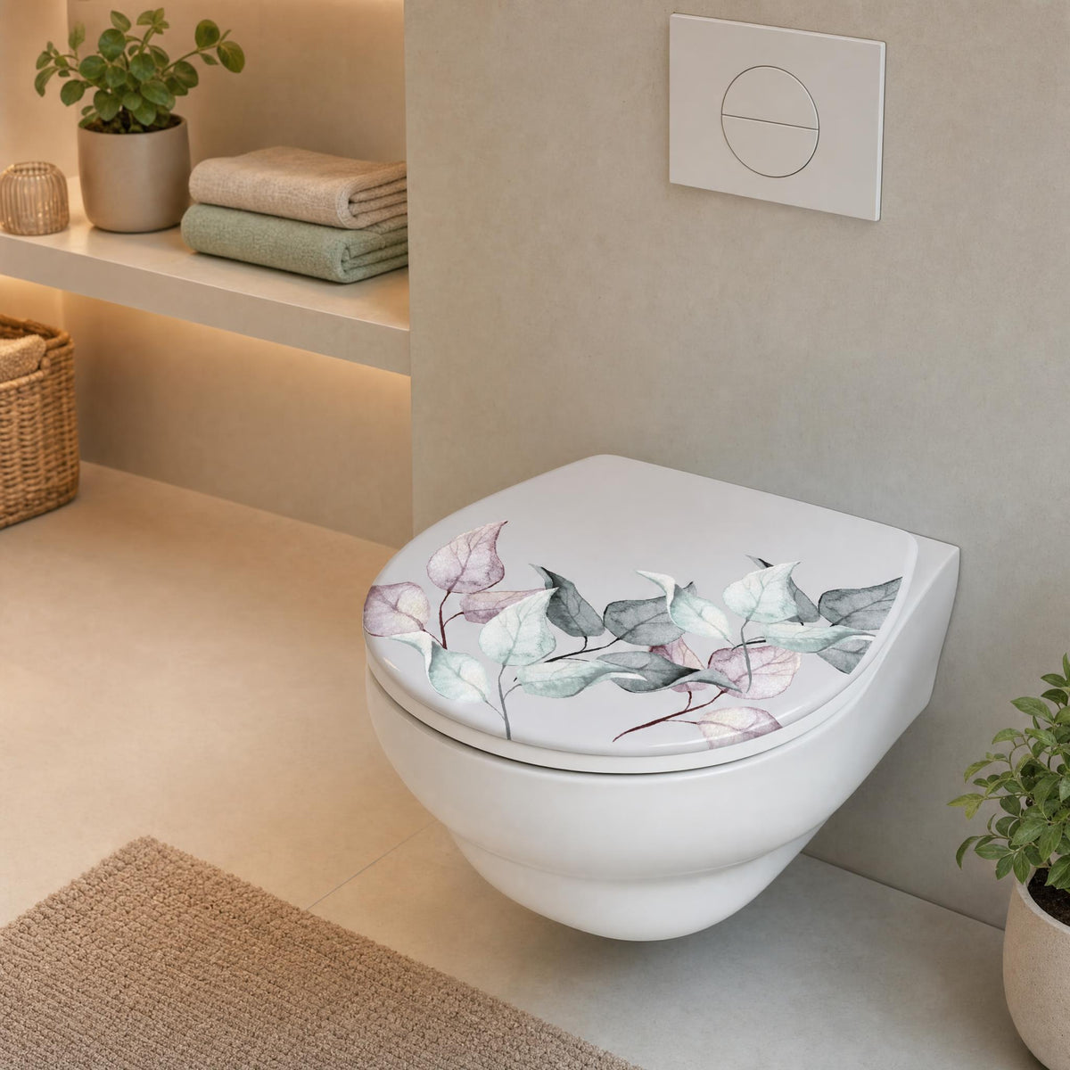 Wand-WC mit floralem Sitz in modernem Bad mit Handtüchern und Pflanzen.