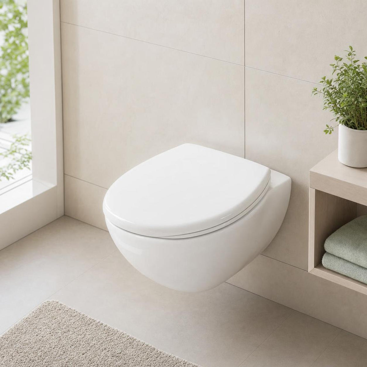 Ein weißes Wand-WC mit geschlossenem Sitz hängt im hellen Bad.