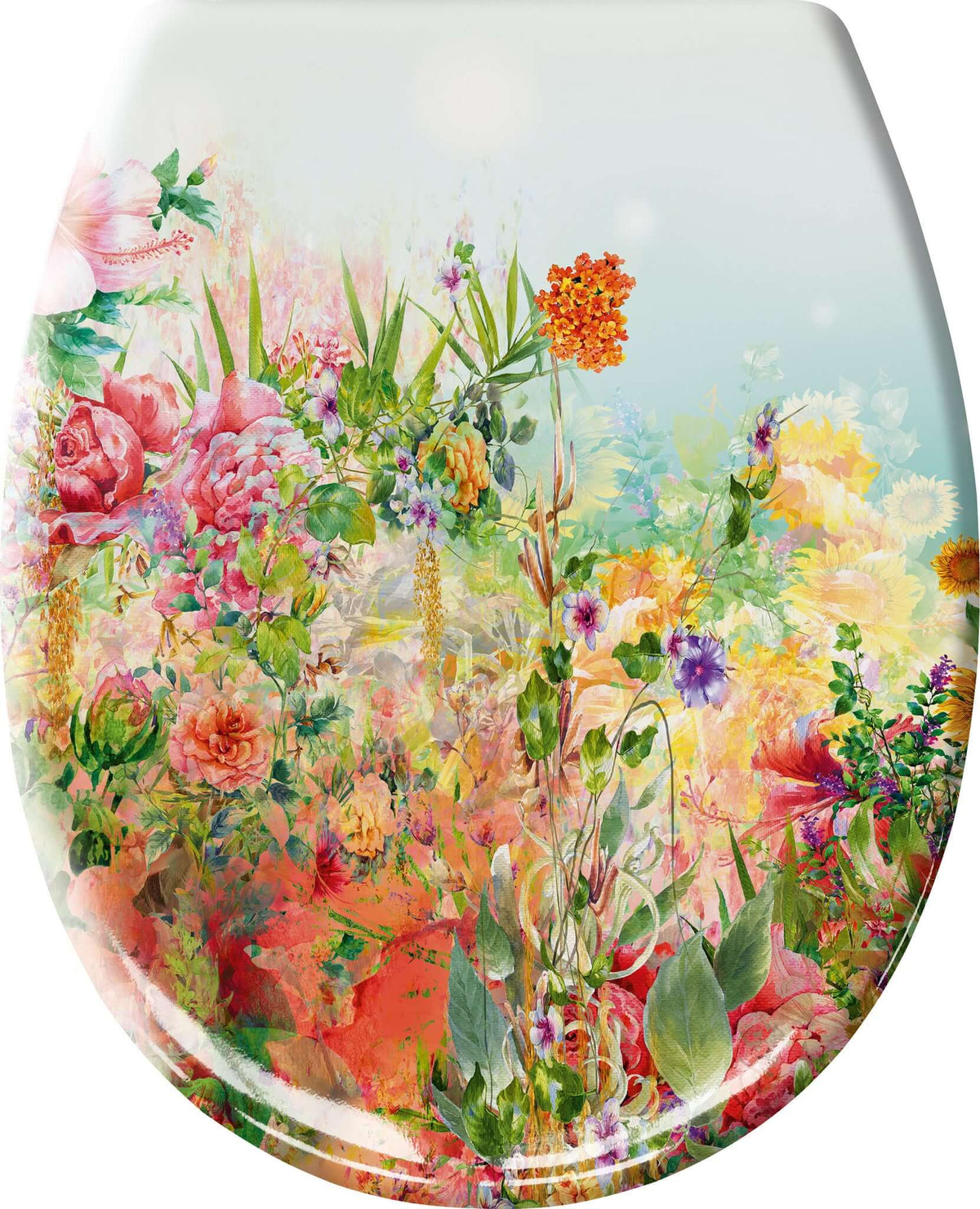 Buntes Blumenmotiv mit Rosen und Sonnenblumen auf hellem Hintergrund.