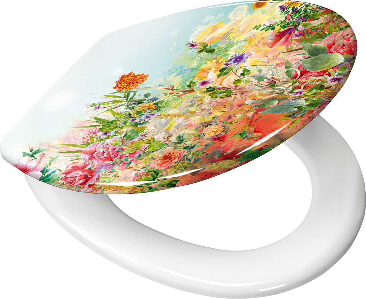 Weißer WC-Sitz mit buntem Blumenmotiv in Aquarelloptik.