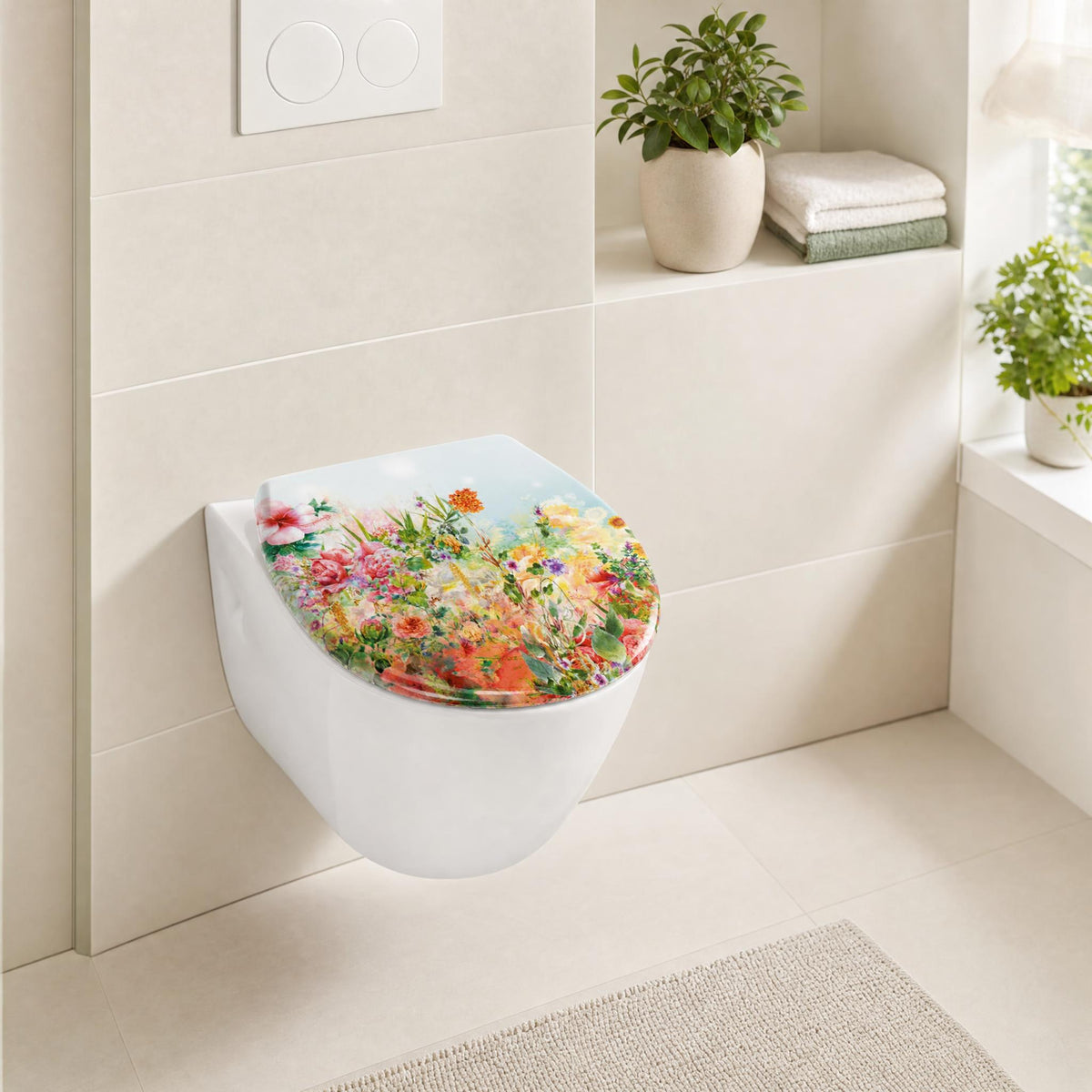 Modernes Bad mit WC und buntem Toilettensitz im Blumenmuster.