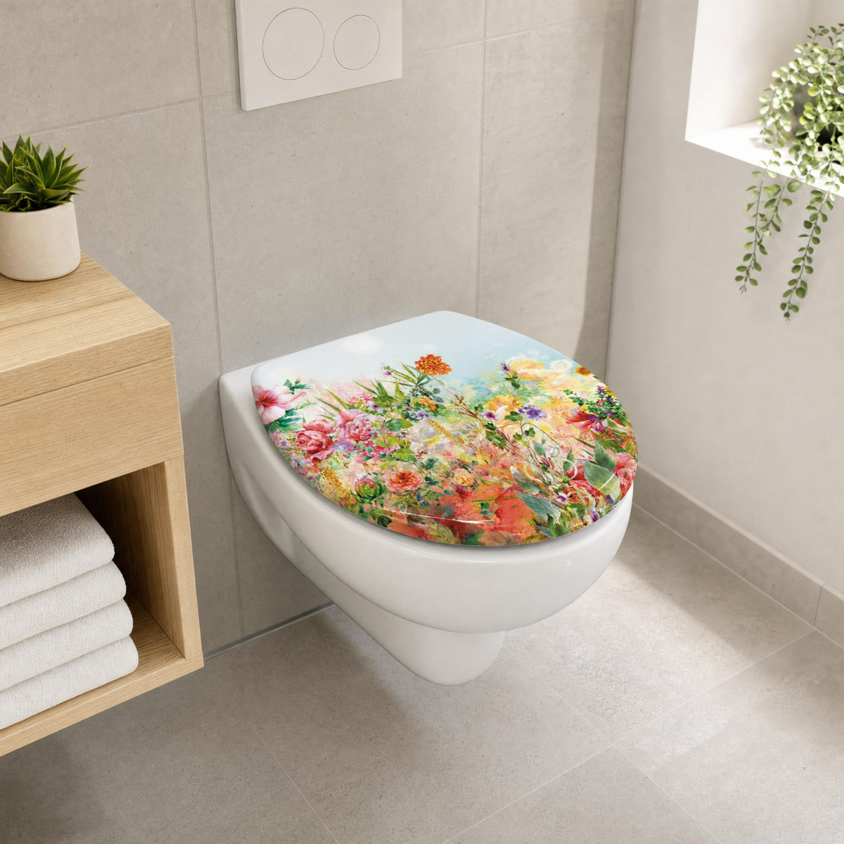 Modernes Bad mit WC-Sitz in floralem Aquarell-Design und Holzregal.