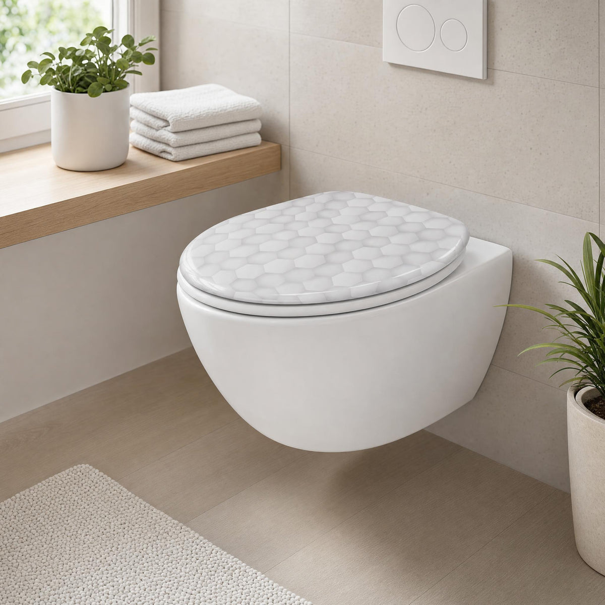 Modernes Bad mit Wand-WC, gemustertem Sitz, Handtüchern und Pflanzen.