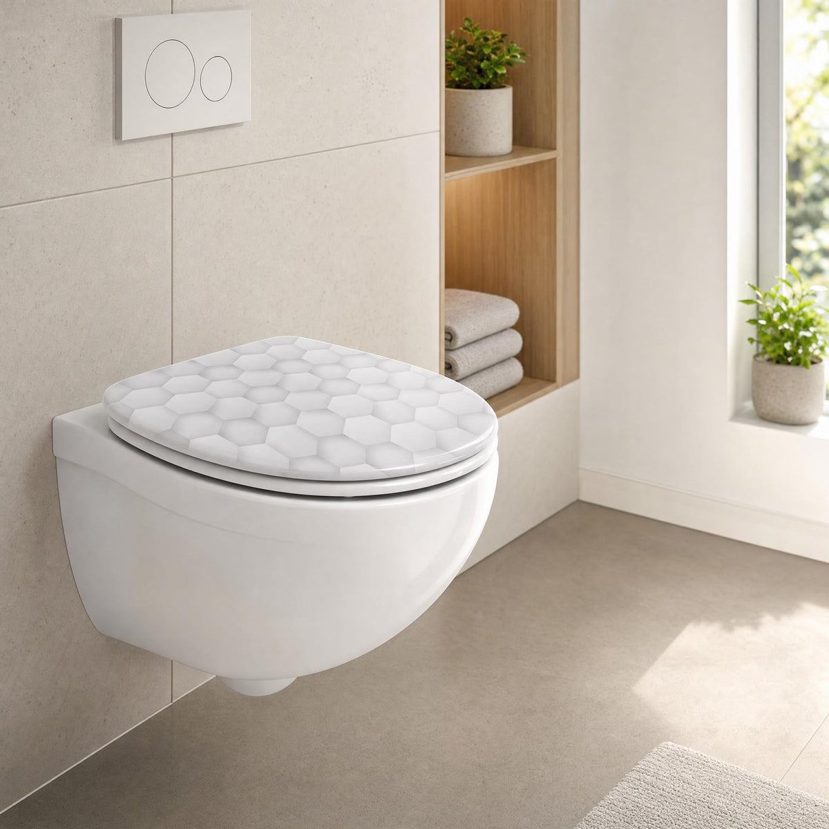 Hänge-WC mit weißem WC-Sitz mit Wabenmuster in hellem Badezimmer.