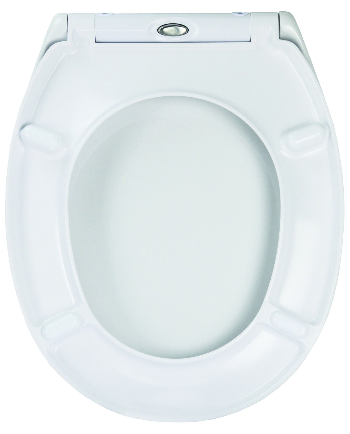 Weißer WC-Sitz mit Deckel und Absenkautomatik in Draufsicht.