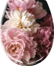 Nahaufnahme von rosa und weißen Pfingstrosen auf dunklem Grund