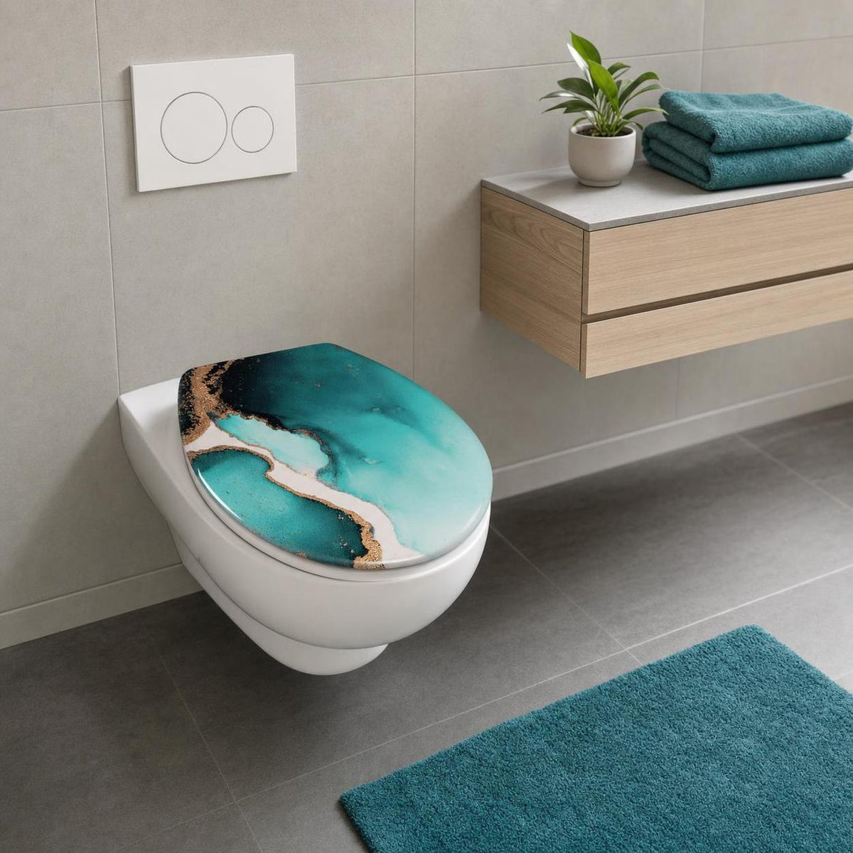 Türkis gemusterter WC-Sitz auf wandhängender Toilette im modernen Bad.