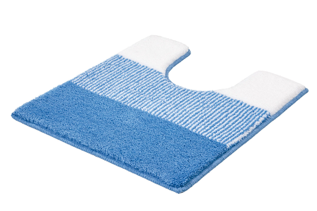 Blau-weiße Badematte mit U-Ausschnitt in flauschiger und gerippter Optik.