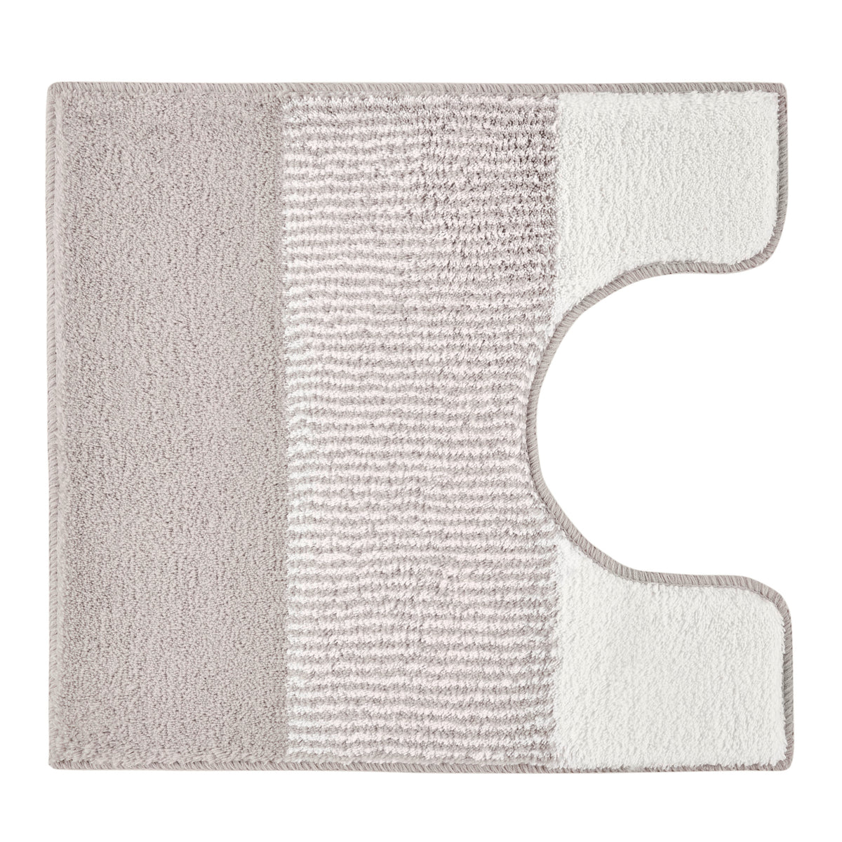 Beiger Badteppich mit Aussparung und Streifenmuster in Beige und Weiß.