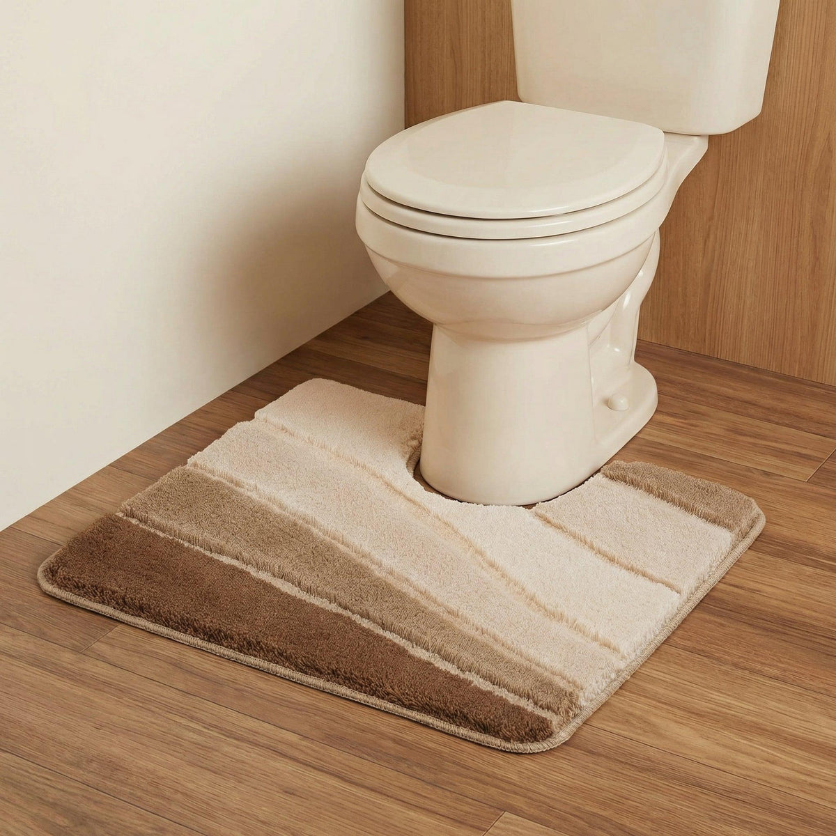 Beige WC-Vorleger in Braun- und Cremetönen auf hellem Holzfußboden